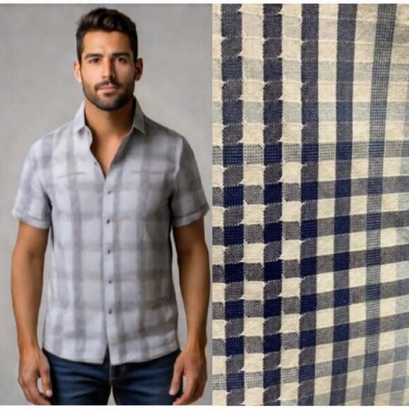 7 Diamonds Blue, Grey Plaid Short Sleeve Shirt Large​​​​​​ - Picture 1 of 12